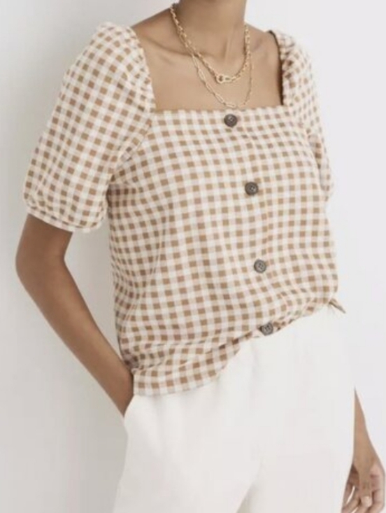 Madewell Tops - Madewell Gingham Jacquard Square-Neck Puff-Sleeve Top